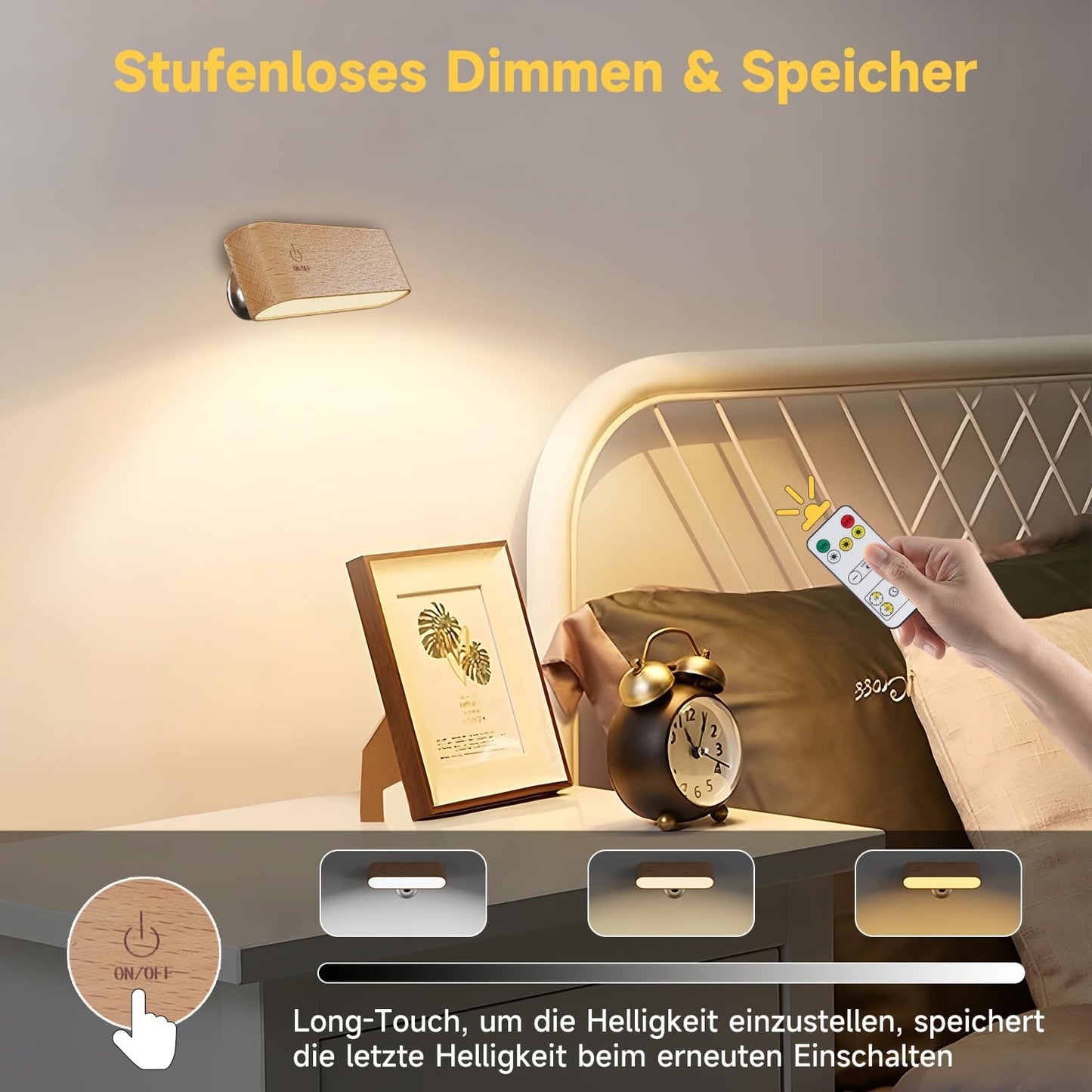 360° Rotating Solid Wood Desk Lamp – Magnetic Charging | Touch & Remote Control | 3-Color Stepless Dimming | No-Drill Installation (Dark Brown)