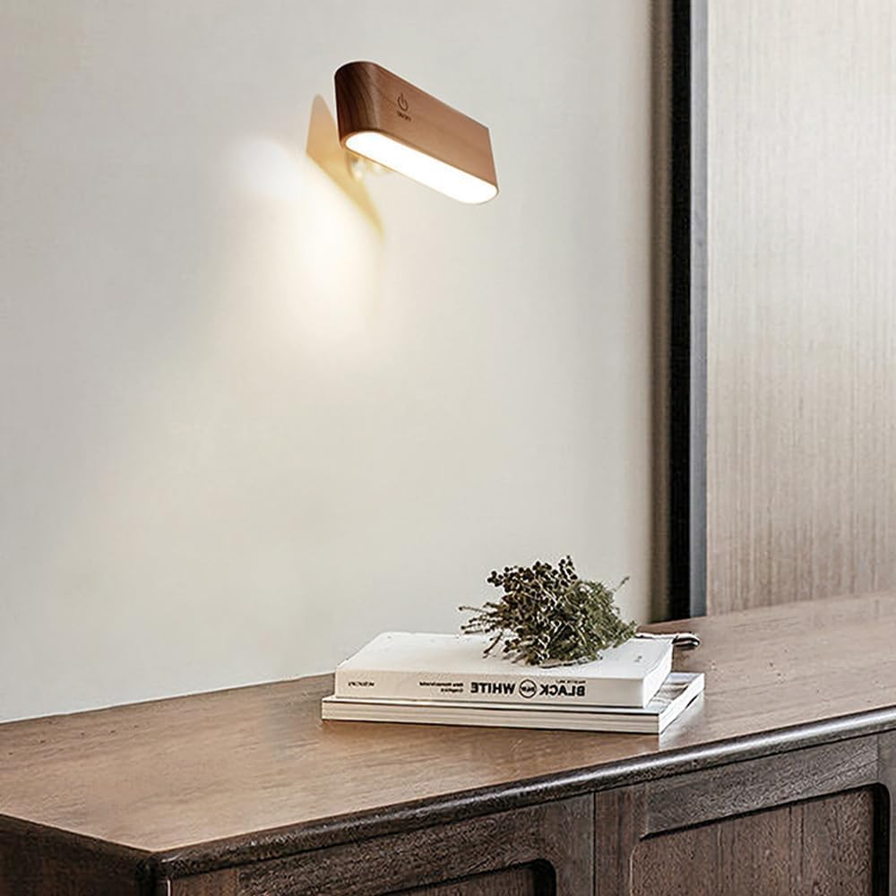360° Rotating Solid Wood Desk Lamp – Magnetic Charging | Touch & Remote Control | 3-Color Stepless Dimming | No-Drill Installation (Dark Brown)