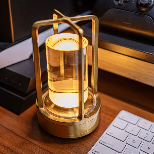 Modern Lantern Cordless LED Table Lamp – Gold Crystal Framework Design | 3-Color Dimming Touch Light | Portable Rechargeable Desk Lamp (Model 1803A)
